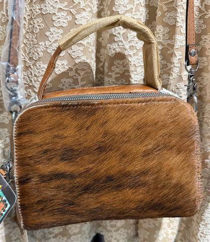 Genuine Leather and Cowhide Double Zipper with Crossbody Strap and Handle