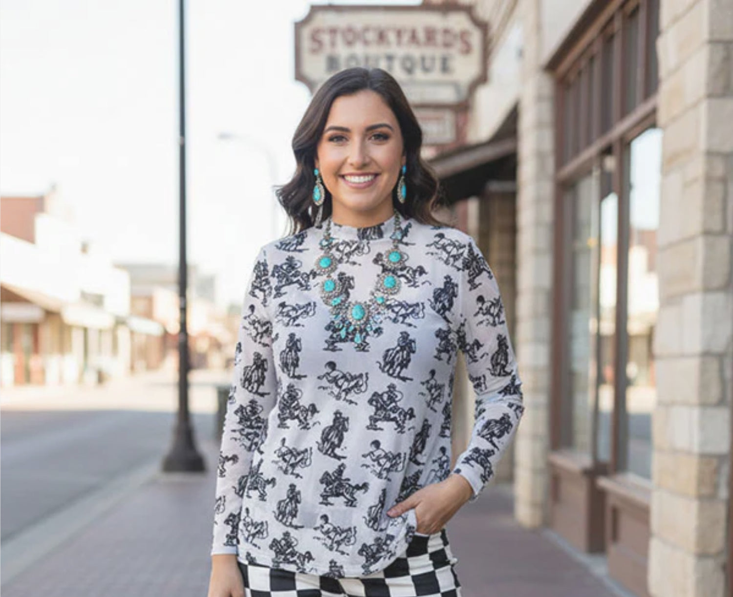 Western Cowboy Print White Mesh Long Sleeve Top