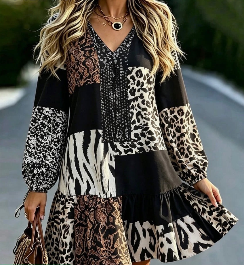 Leopard Print Patchwork Vacation Dress