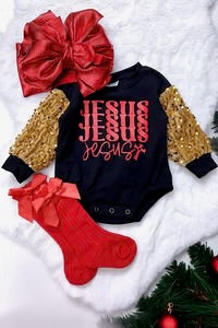 Jesus,Jesus,Jesus Printed Black Onesie with Gold Sequin Sleeves