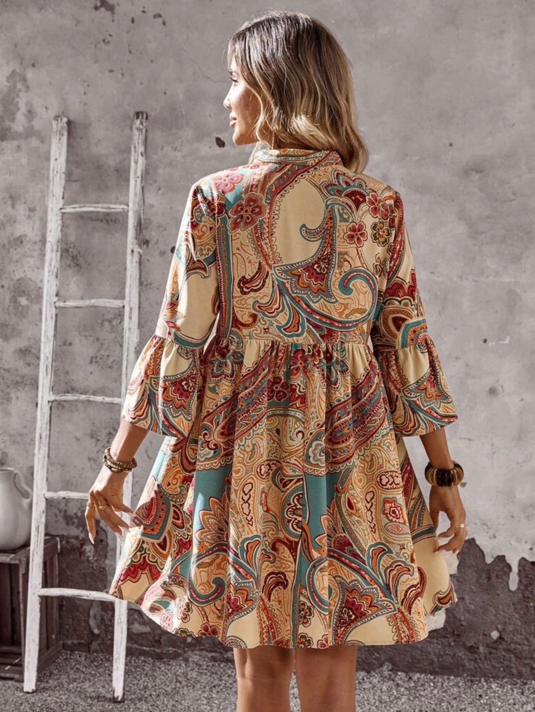 Emery Rose Boho Paisley A-Line Short Dress with Flounce Sleeves