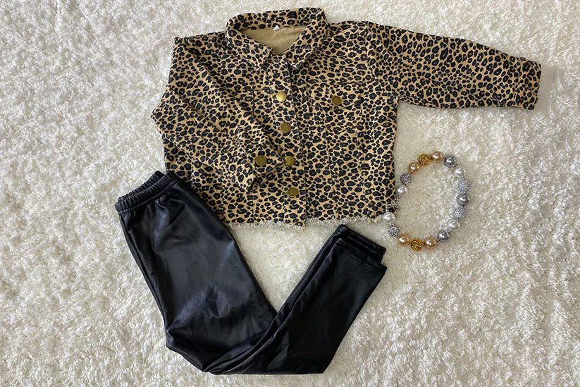 Kids Leopard Printed Long Sleeve Denim Jacket w/Pocket