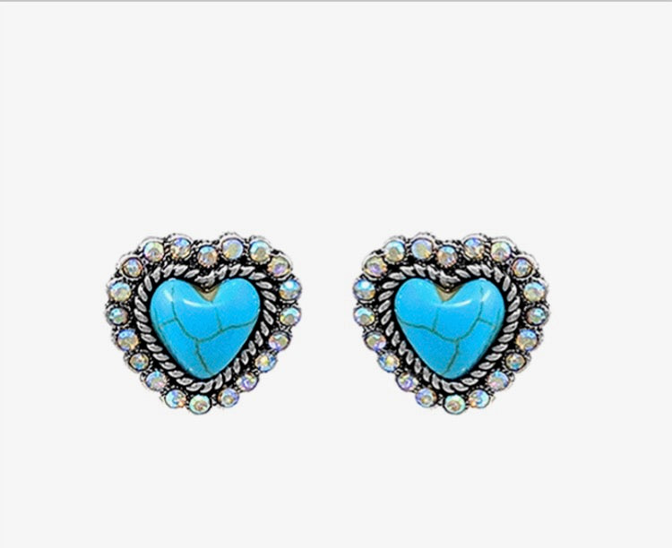 Rhinestone Turquoise Heart Stud Earrings