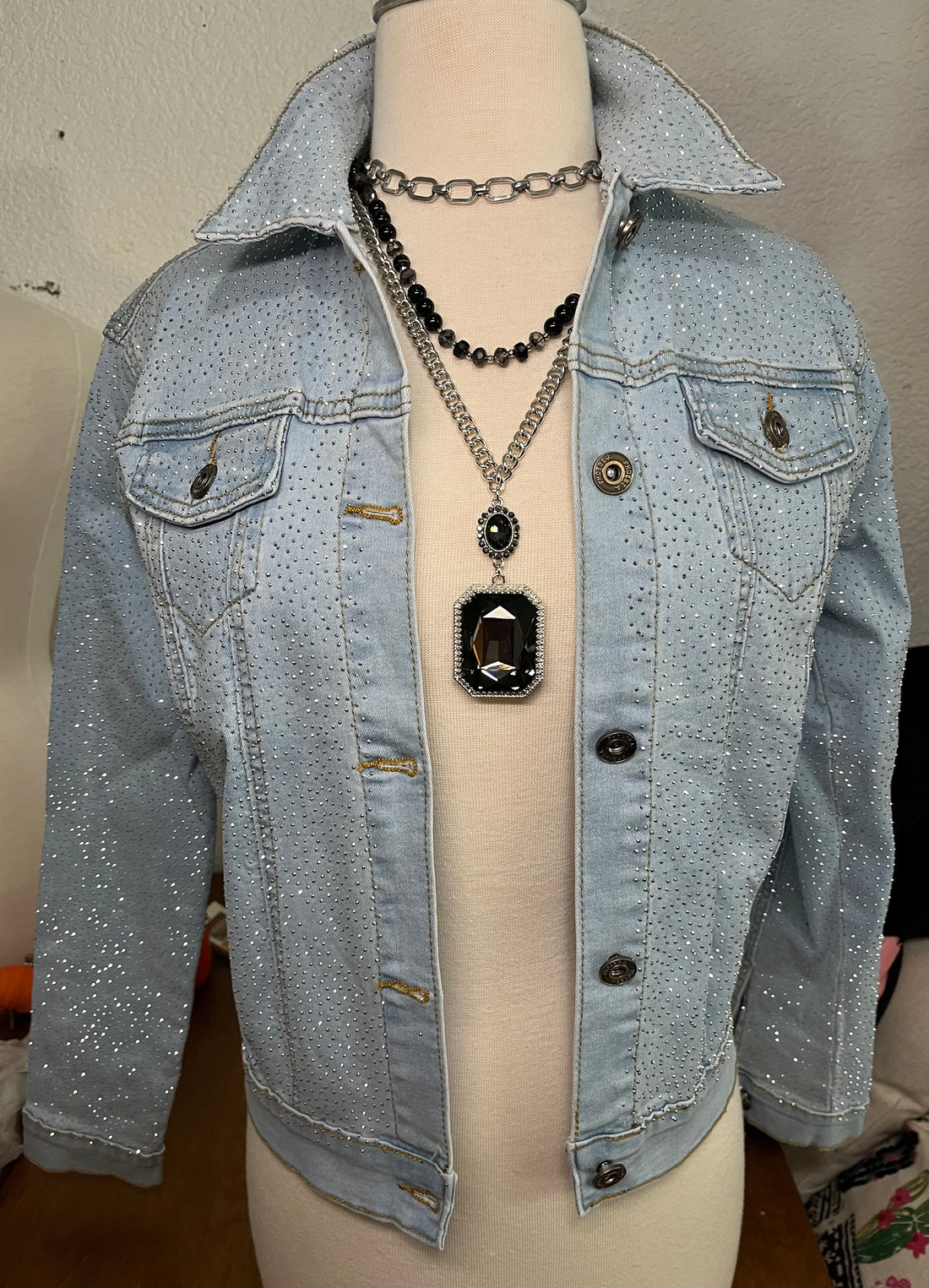 Denim Jacket with Bling Chip Rhinestone Attached