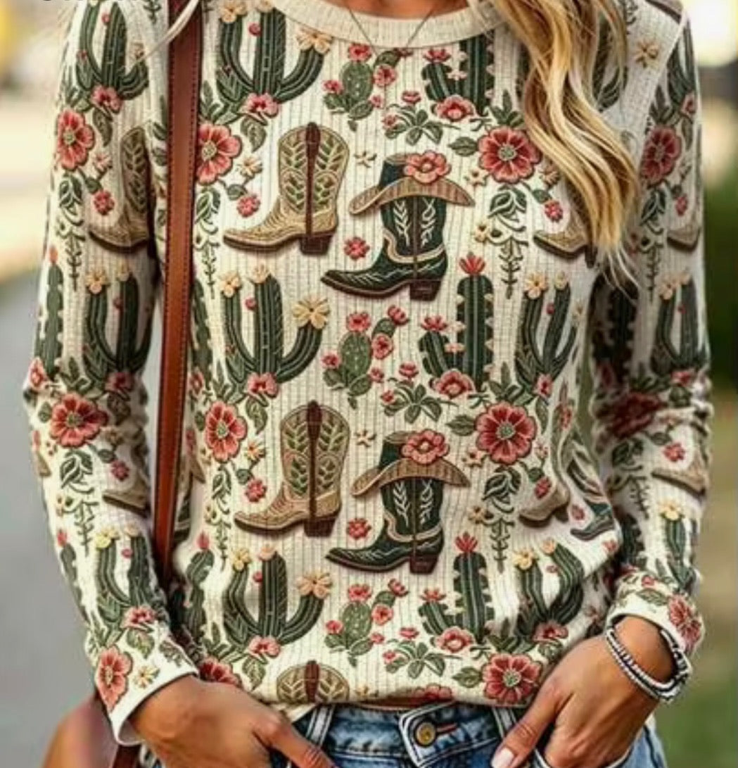 Western Cactus Print Long Sleeve Top
