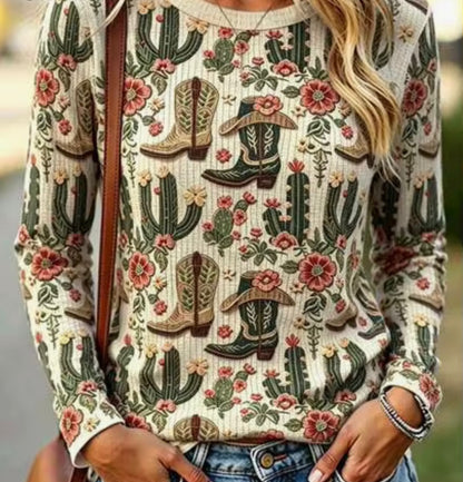 Western Cactus Print Long Sleeve Top