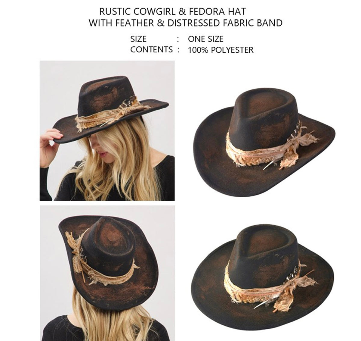 Rustic Cowgirl Fedora Hat with Feather &amp; Distressed Fabric Band