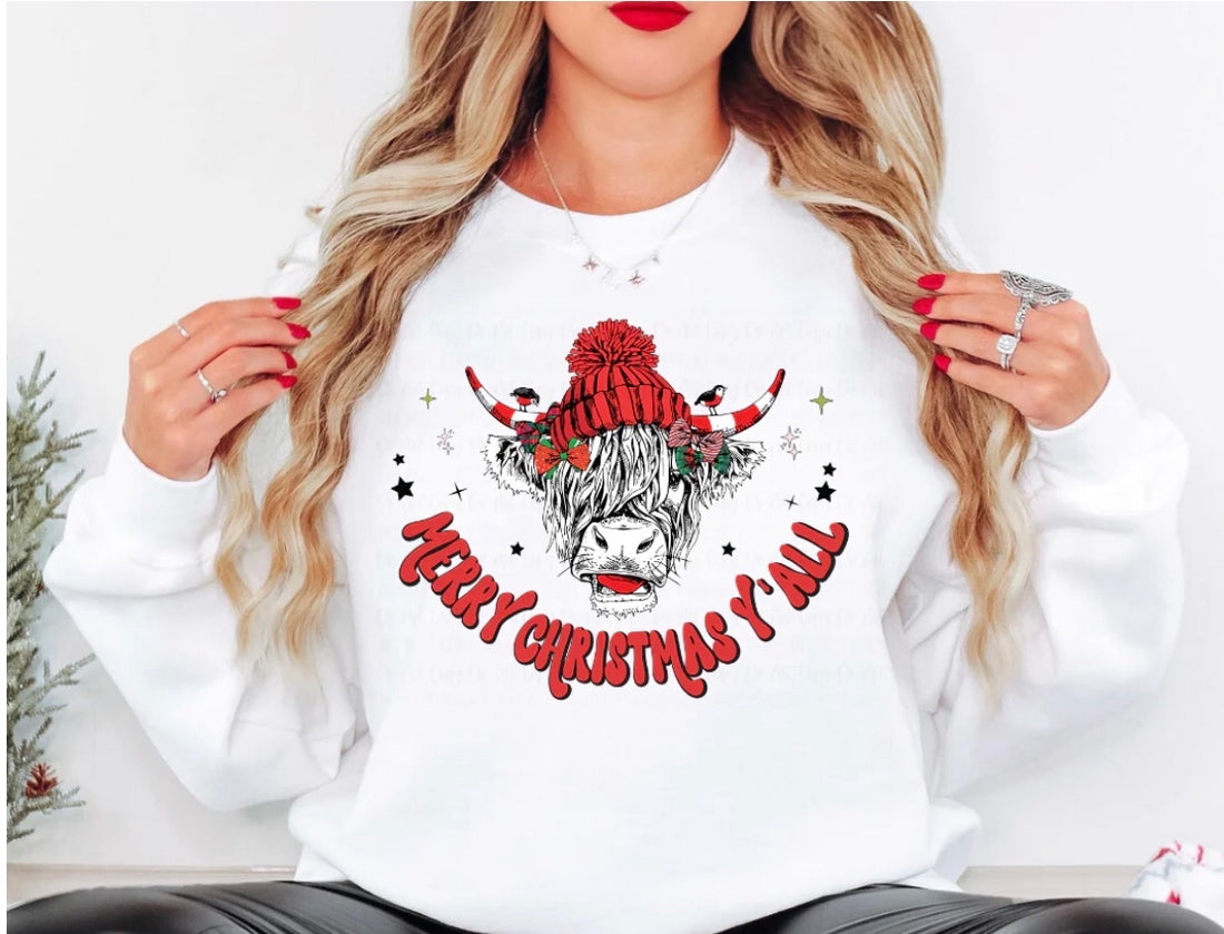 “Merry Christmas Y’all” Highland Cow Graphic Cow Sweatshirt