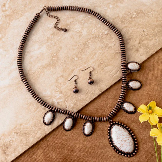 Copper &amp; Ivory Hematite Stone Pendants Necklace Set