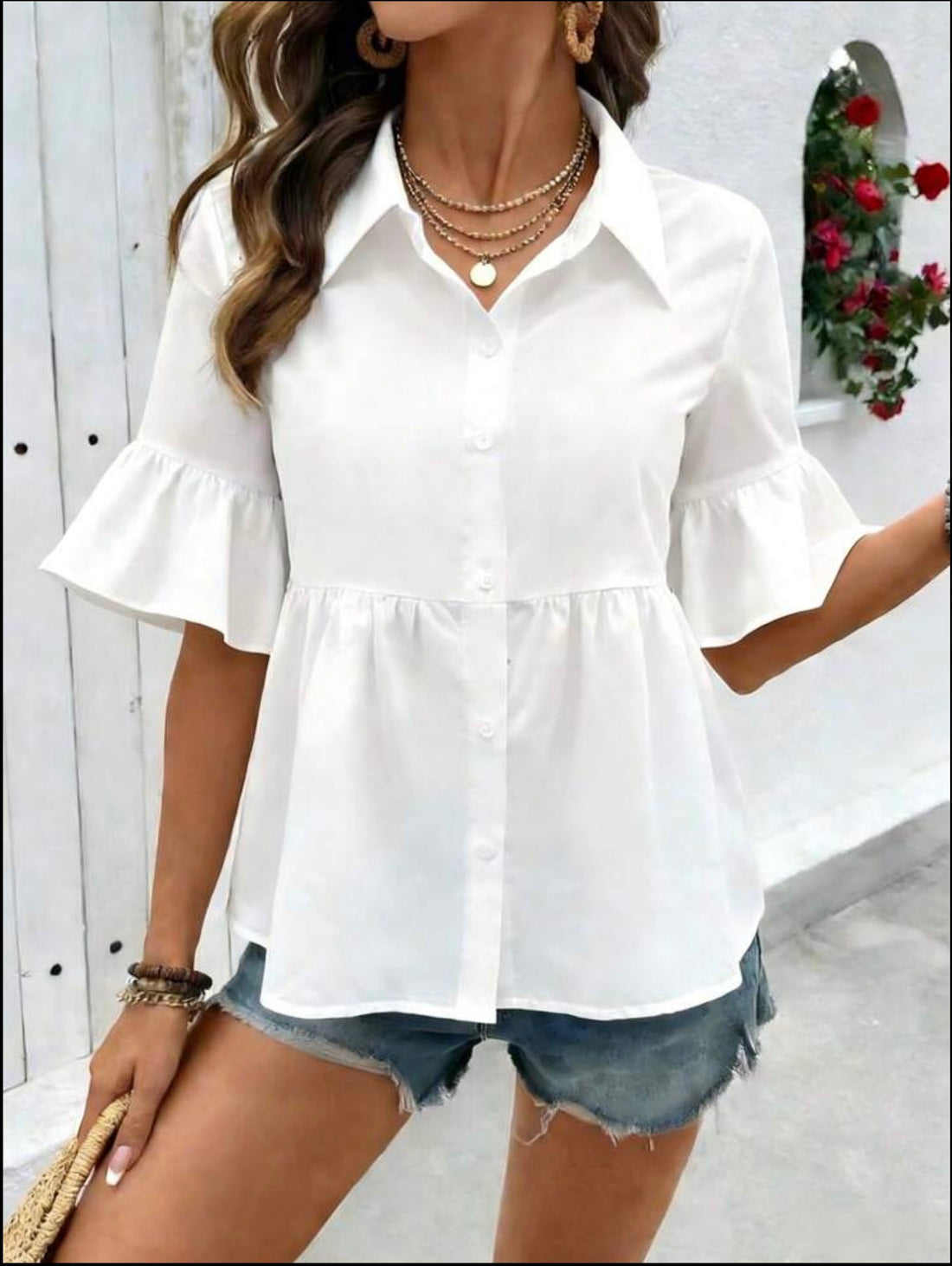 Holidaya White Collar Pleated Flair Sleeve Top