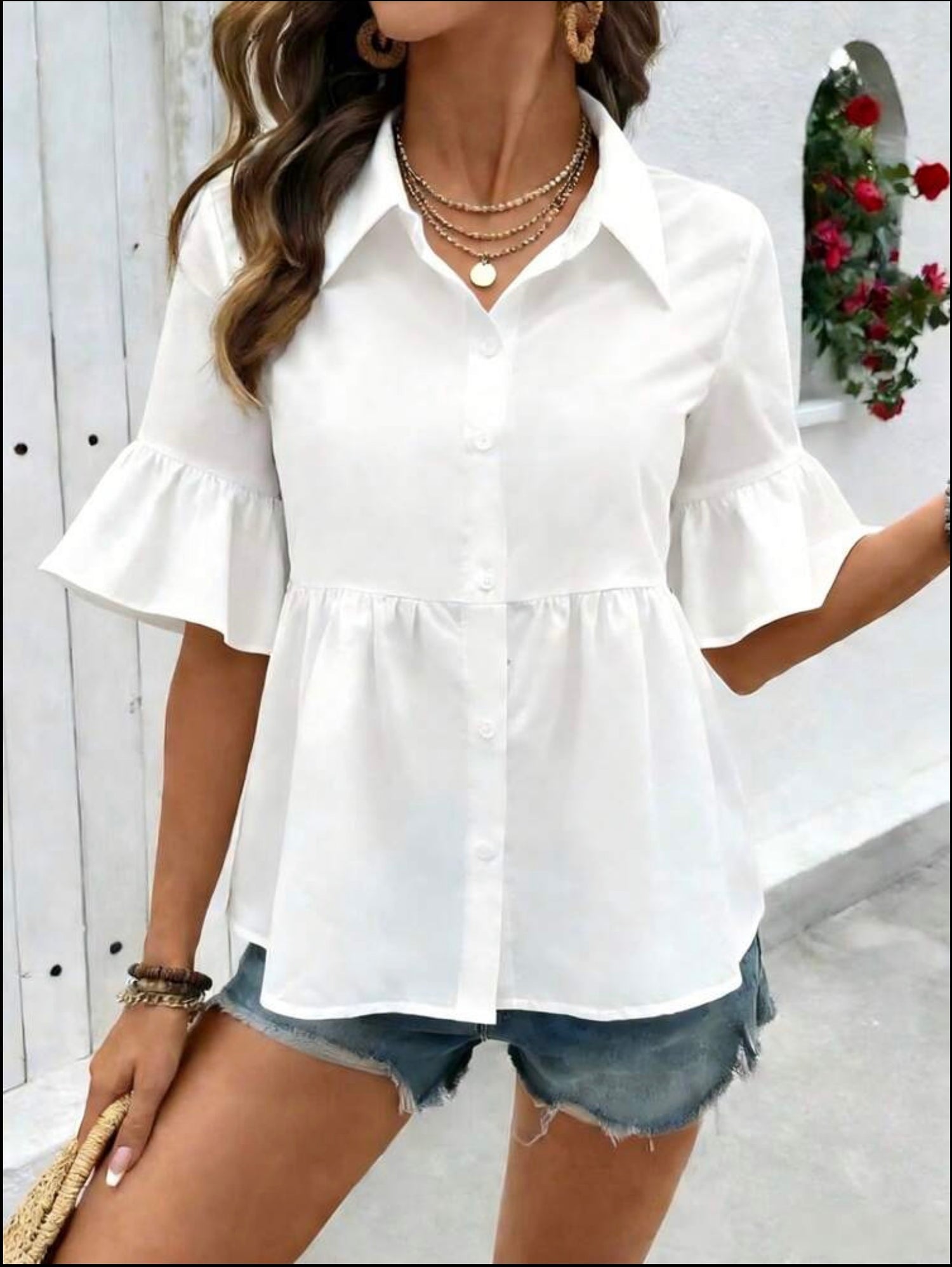 Holidaya White Collar Pleated Flair Sleeve Top