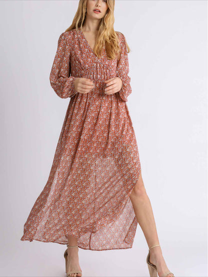 Sheer Floral Print Long Sleeve Smocked V-Neck Maxi Dress with Side Slits and Lining