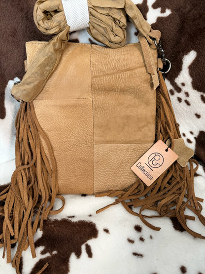 Genuine Leather Cowhide Crossbody Fringe Purse with Aztec Style