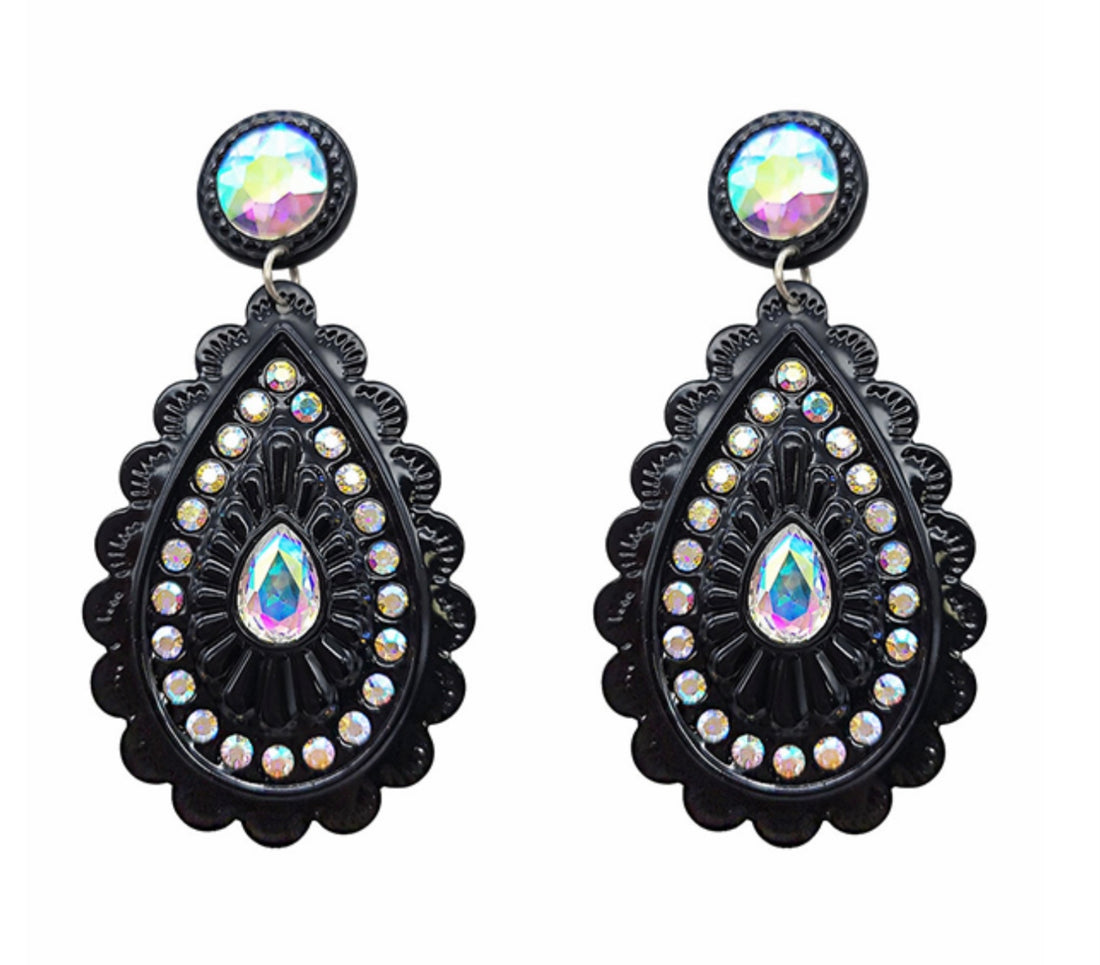 Black Scalloped Teardrop Earrings with Iridescent Crystals