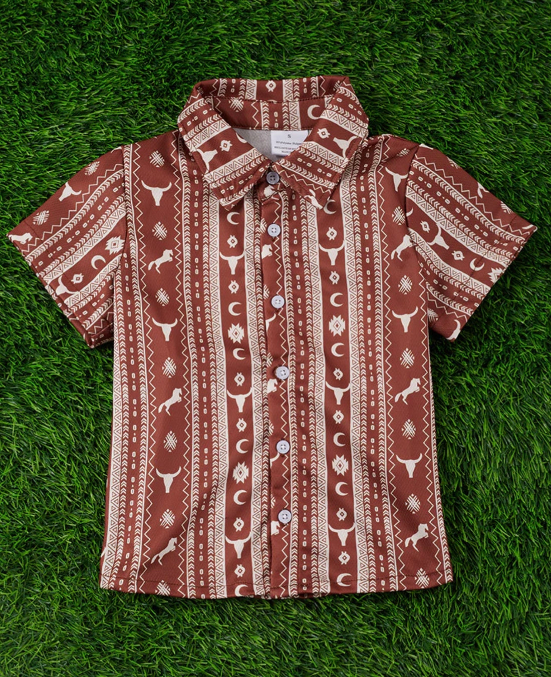 Aztec Bullhead Print on Brown Button Up Shirt