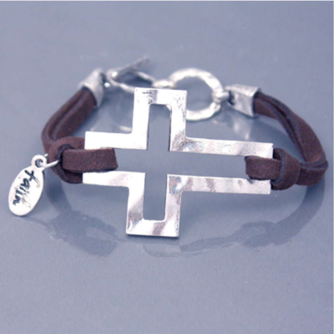 Metal Hammered Cross on Leather Strap with Link Closure