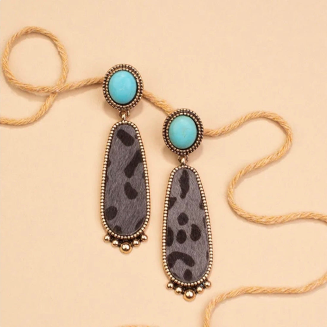 Turquoise with Grey Leopard Dangle Earrings