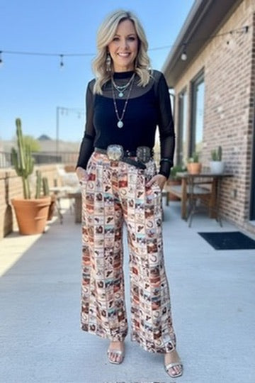 Patchwork Western Print Wide Leg Pants