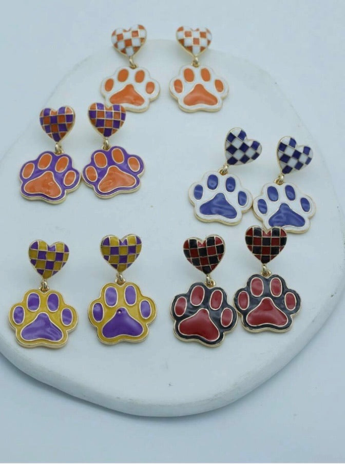 Cute Enamel Heart &amp; Paw Print Dangle Earrings