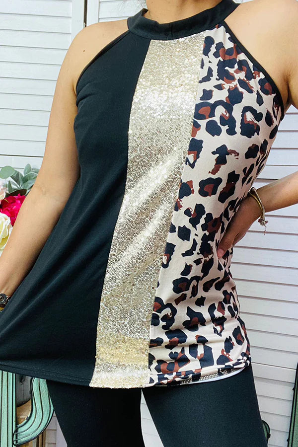 Black, Sequin, and Leopard Print Color Block Top
