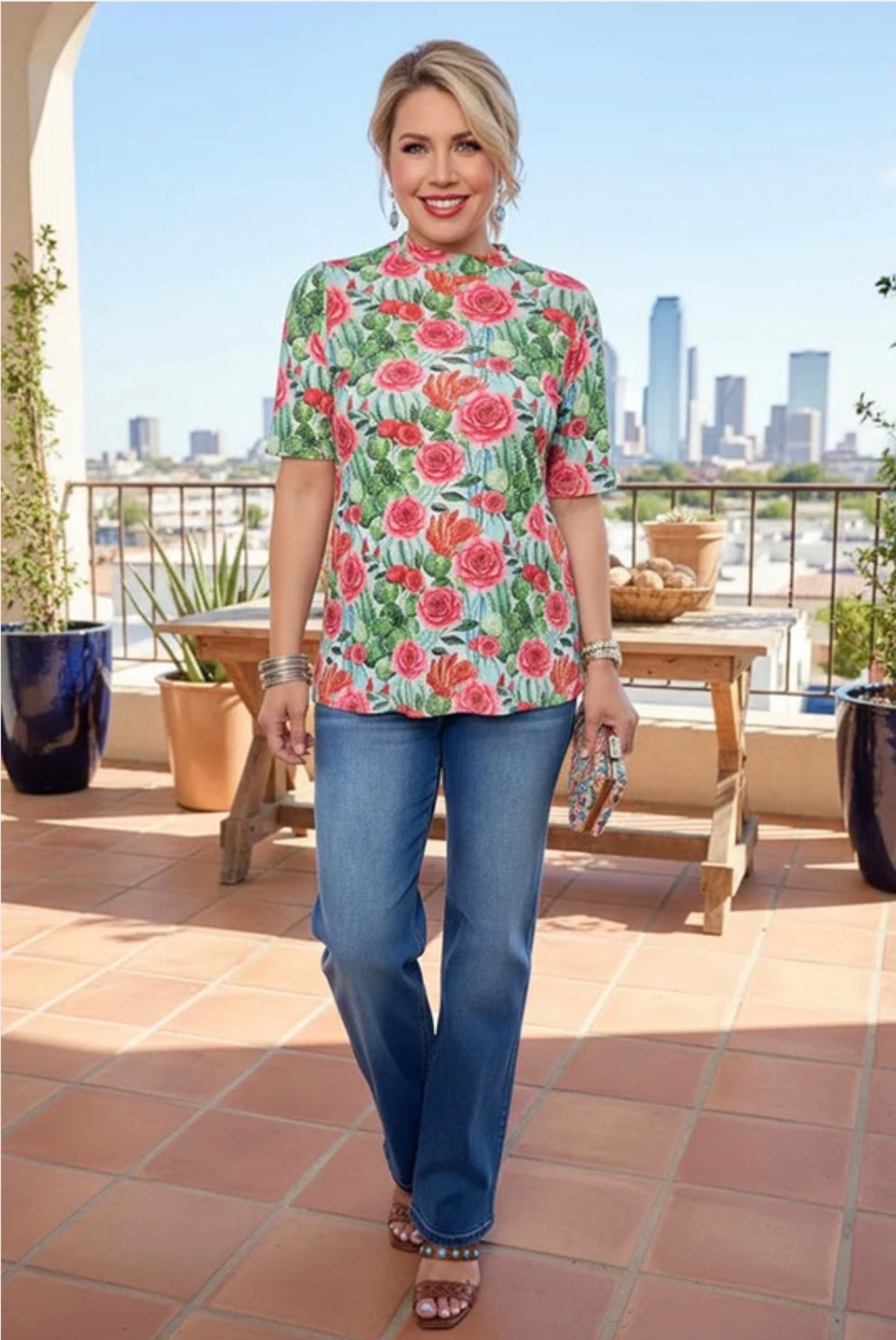 Chic Floral Print Short Sleeve Sheer Top