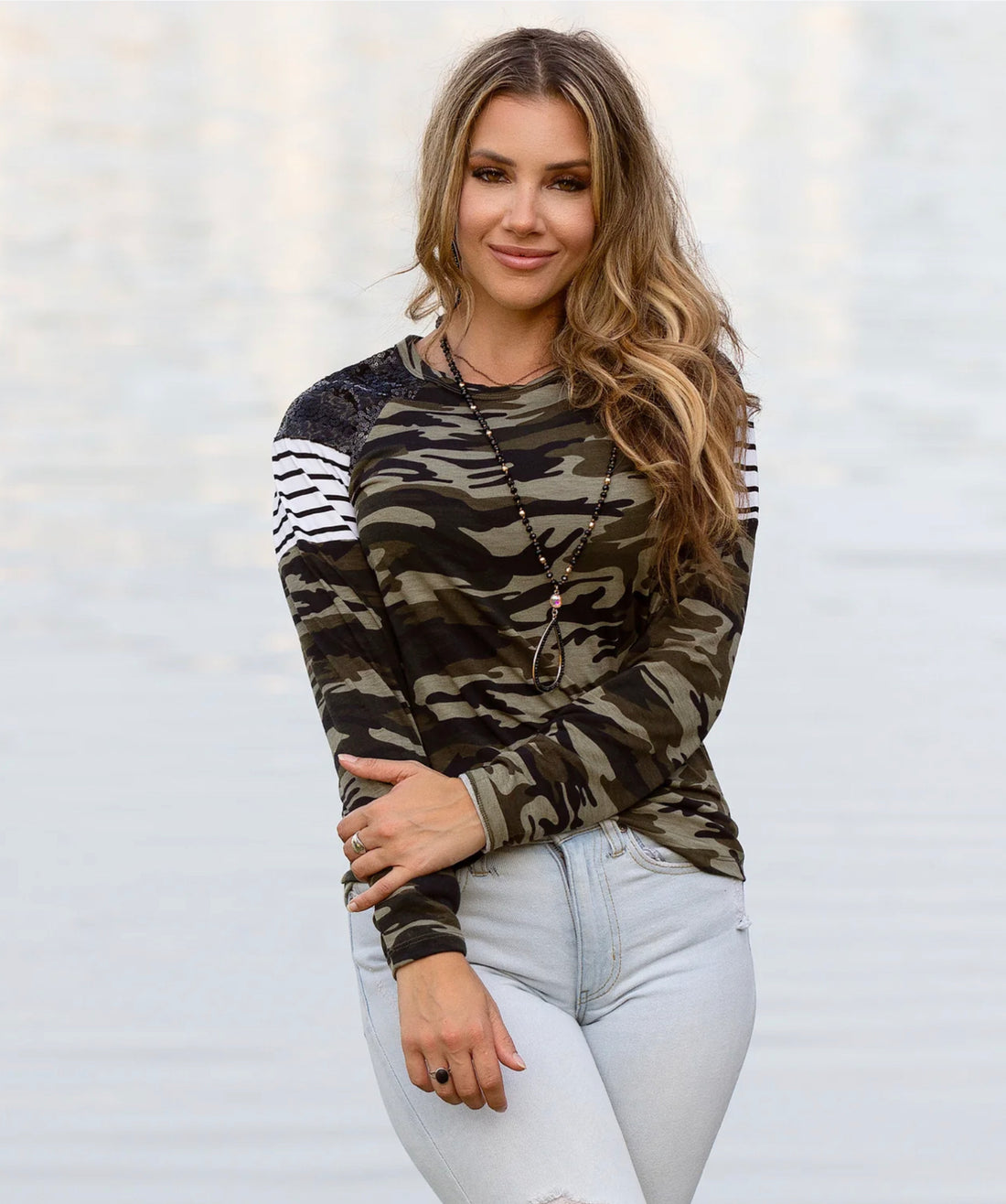 Black and Camouflage Sequin and Stripes Long Sleeve Top