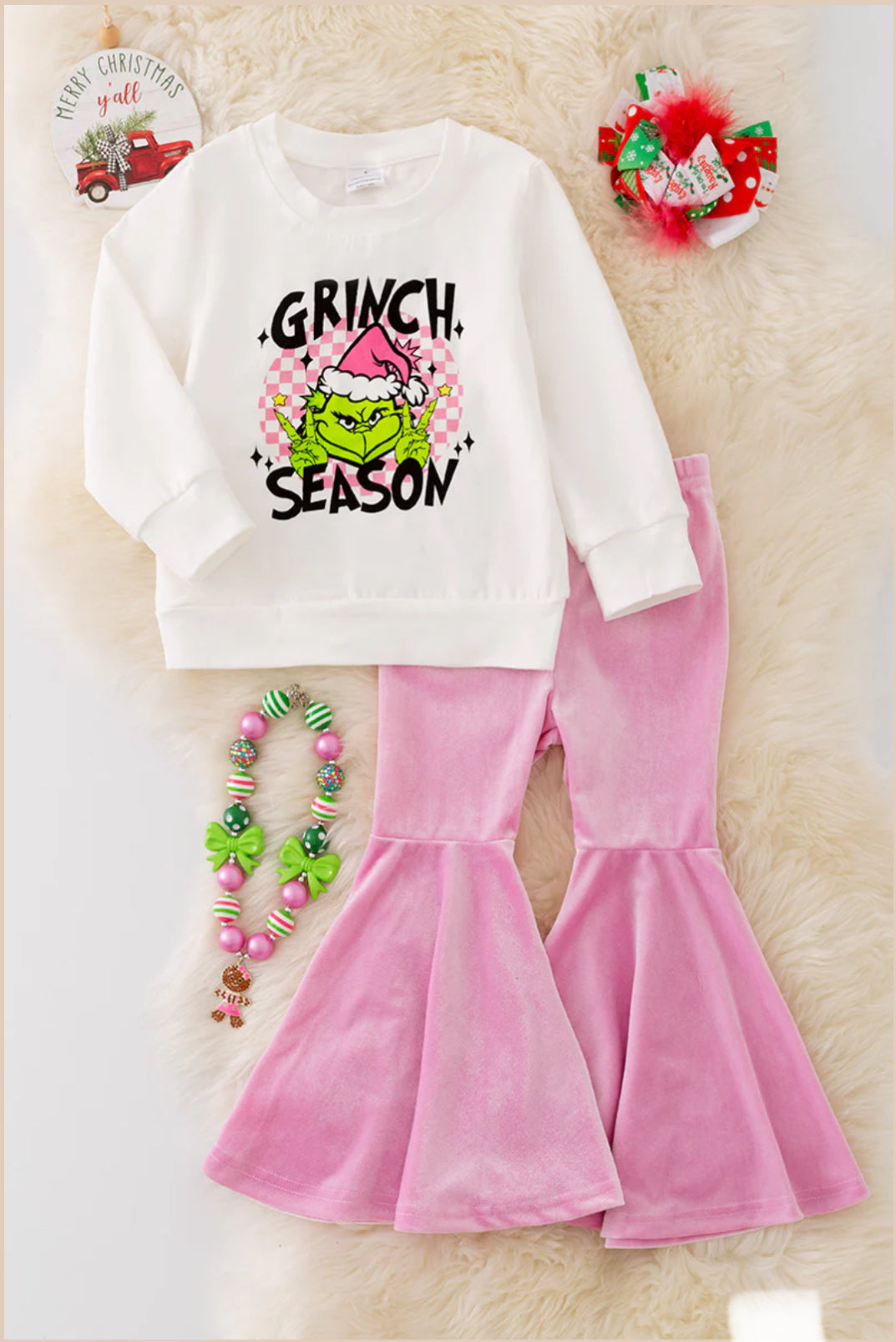 White Grinch Season Sweatshirt And Pink Velvety Flared Bottom