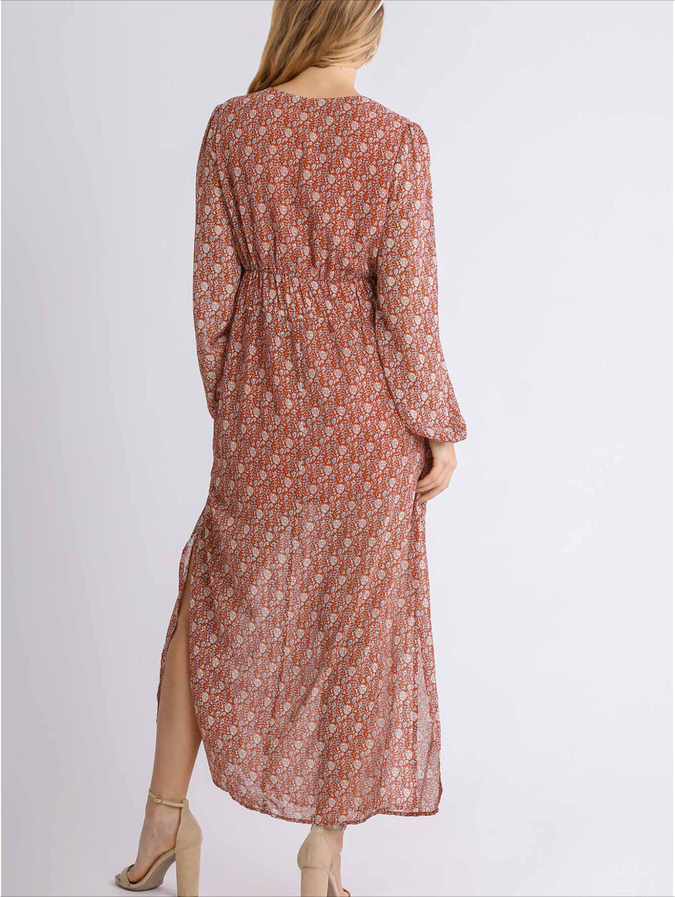 Sheer Floral Print Long Sleeve Smocked V-Neck Maxi Dress with Side Slits and Lining