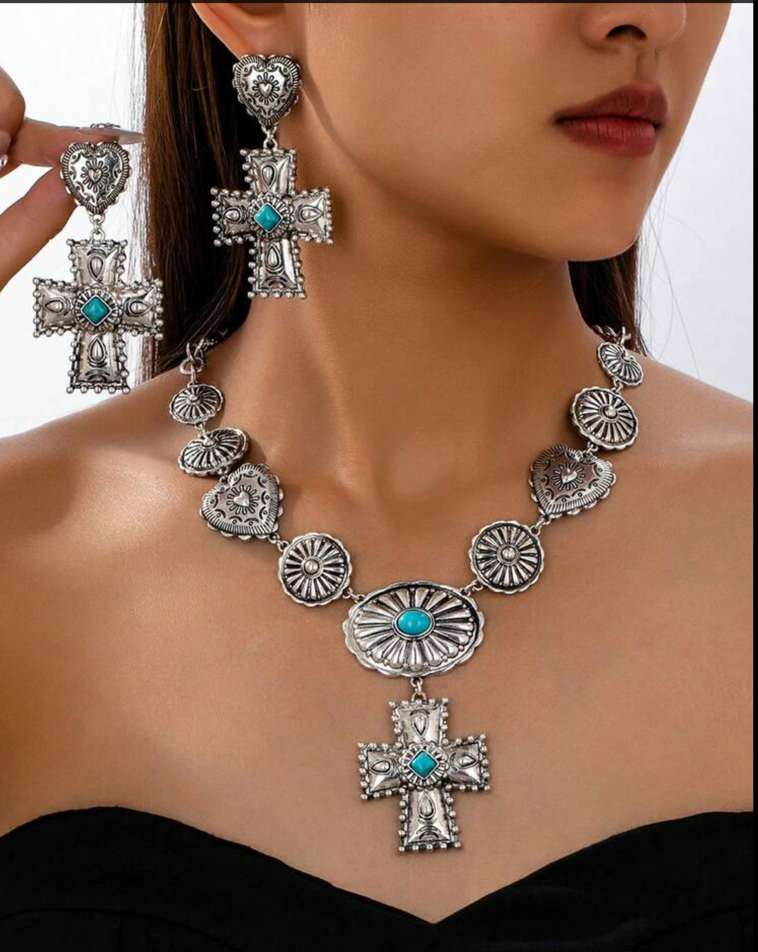 3 pc. Vintage Boho Style Textured Carving Heart &amp; Cross Pendant w/ Turquoise Inlay