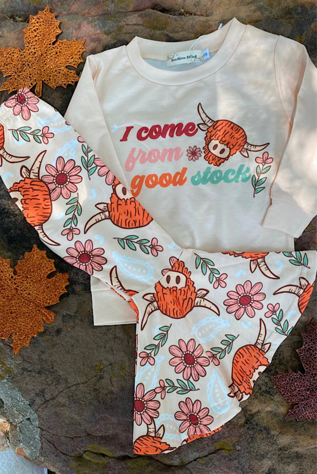 “I Come From Good Stock” Graphic Long Sleeve Shirt with Matching Bellbottoms