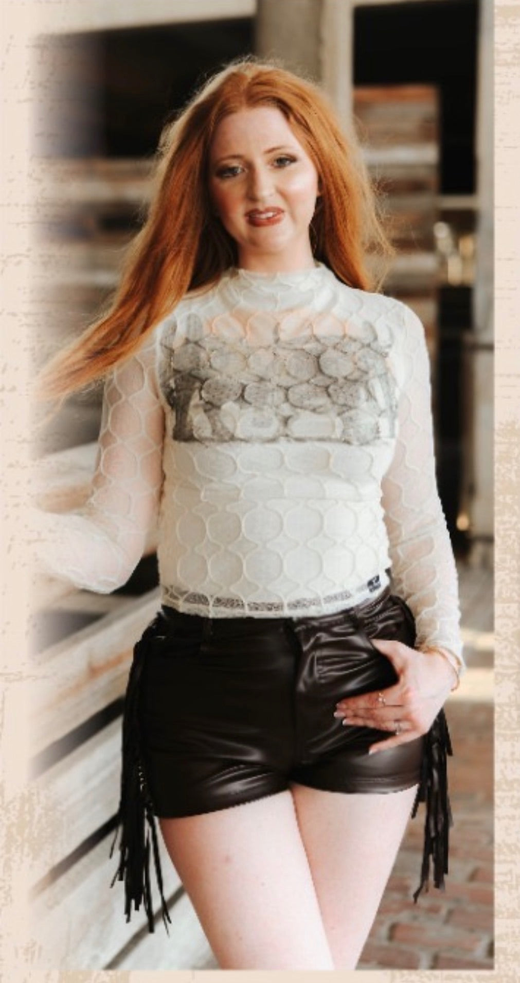 Nude Textured Mesh Mock Neck Long Sleeve Top