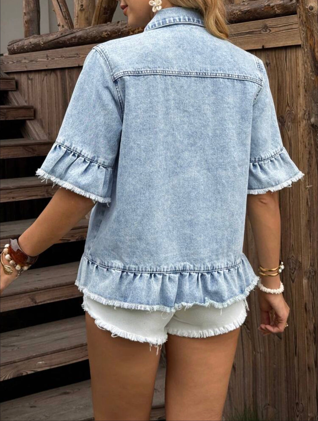Frayed Ruffle Cuff Single-Breasted Denim Top