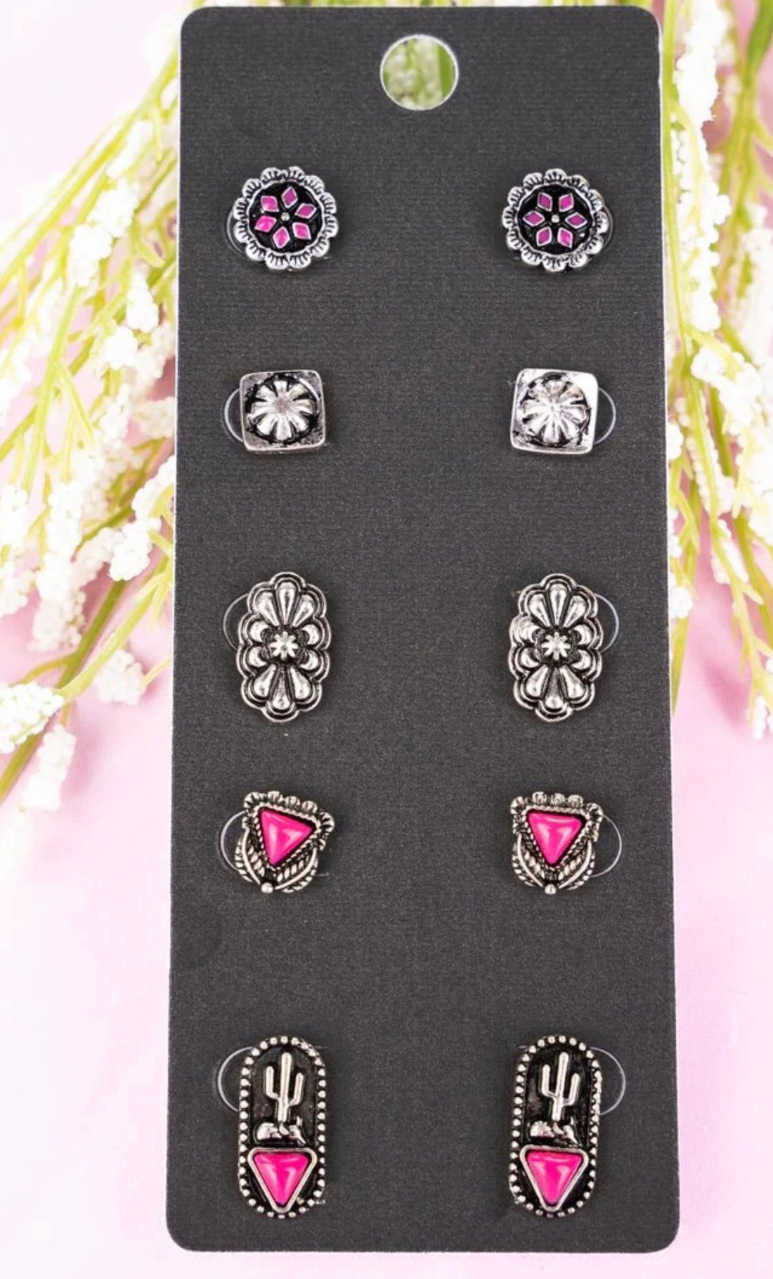 Pink Petra Burnished Silver Stud Earrings
