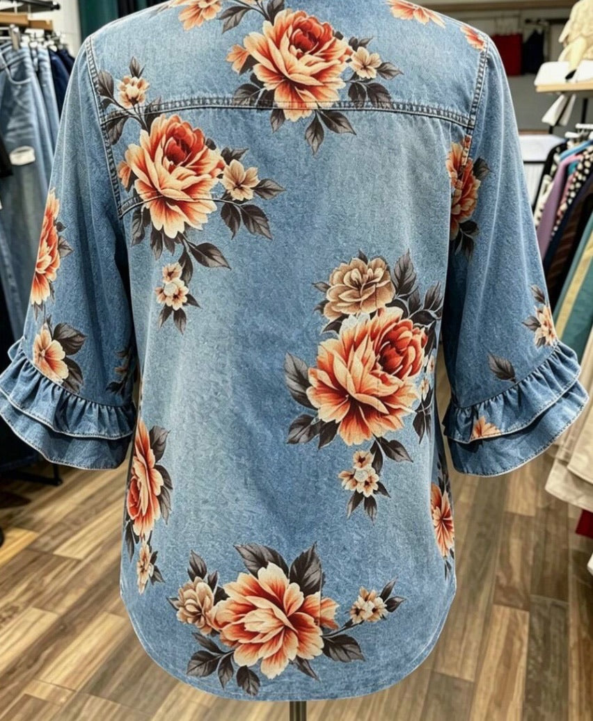 Floral Pattern Ruffle Sleeve Button  Up Top