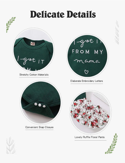 Baby’s Green Ruffle Trim Sleeve Onesie “I Got It From My Mama” with Ruffled Floral Print Bottoms &amp; matching Headband