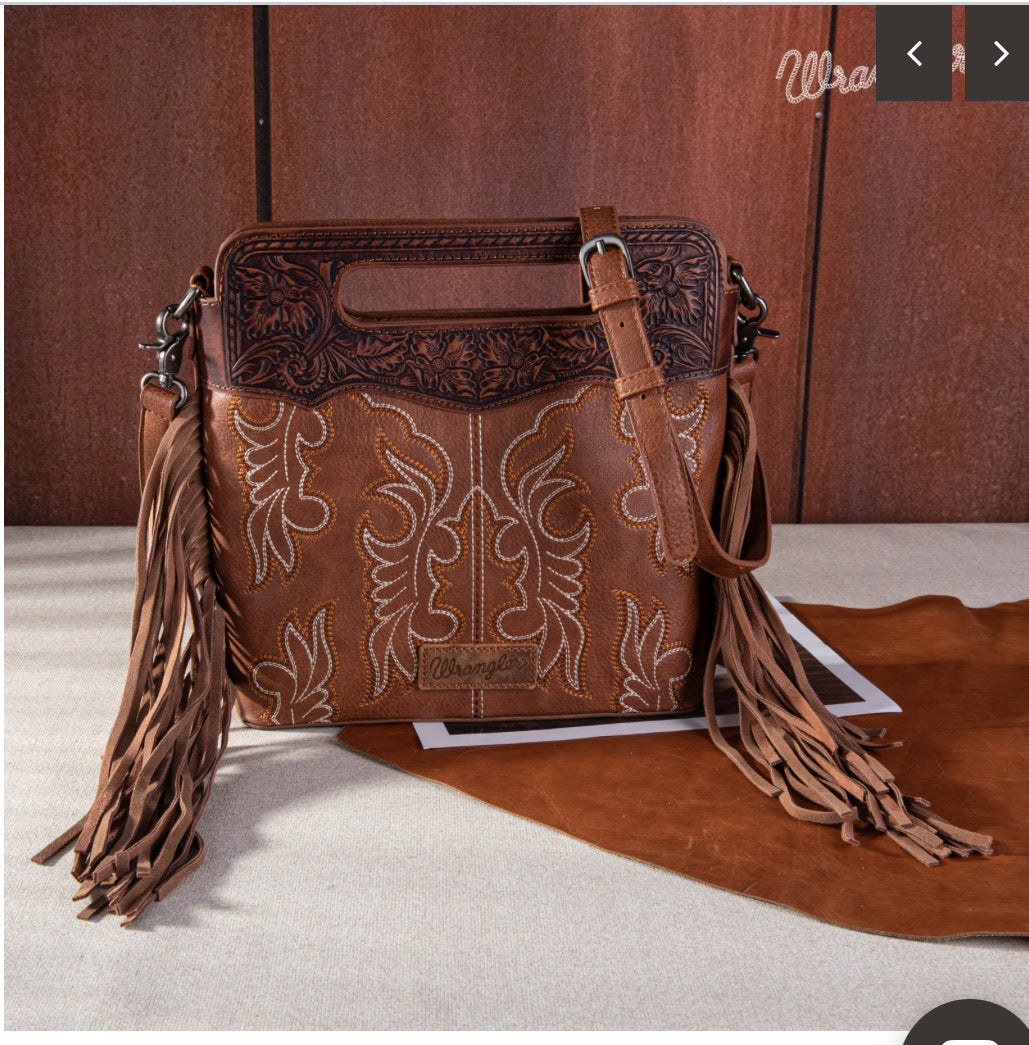 Wrangler Top Handle Embroidered Fringe Mini Crossbody Tote