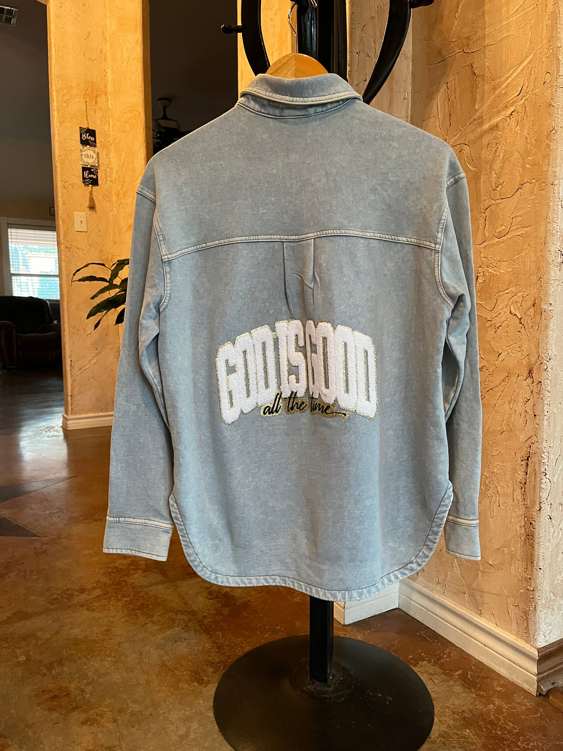 Denim long sleeve with Chenille “God Is Good, all the time” Patch.