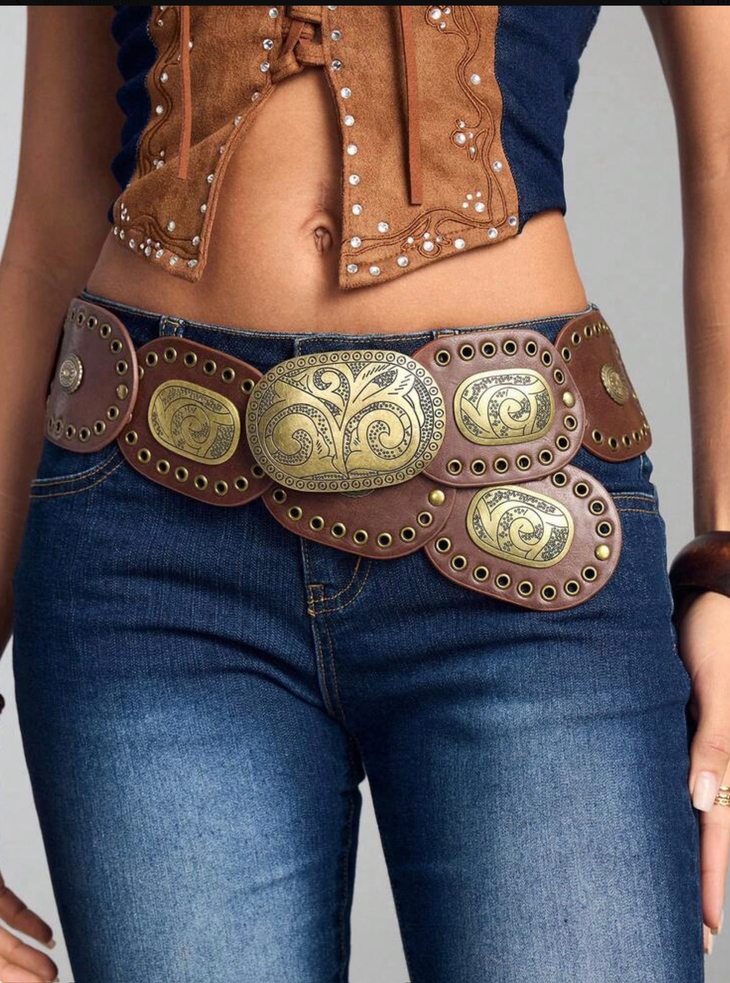 Western Disc Belts-PU Leather Vintage Concho Cowgirl Belt Boho Hollow Out Belt