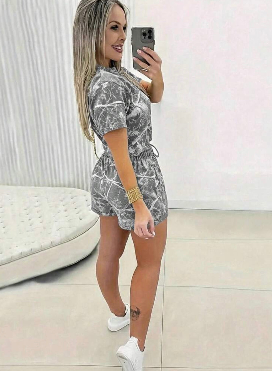 Camo Cropped T-Shirt and Short Set, Grey and White