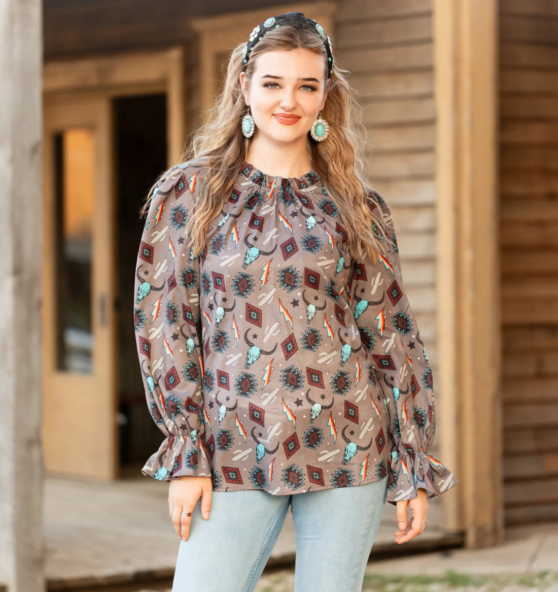 Western Print Ruffle Long Sleeve Top