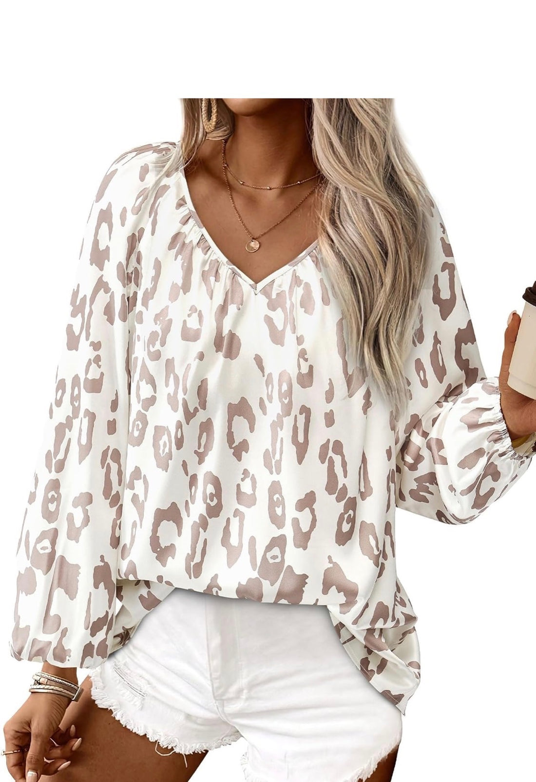 Zenloner V-Neck Satin Leopard Fall Top