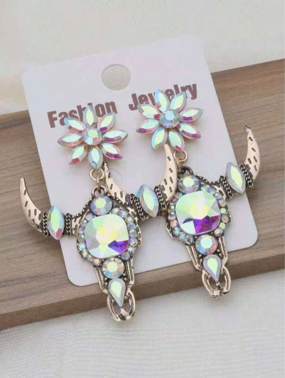 Crystal Rhinestone Cow Skull Dangle Earrings
