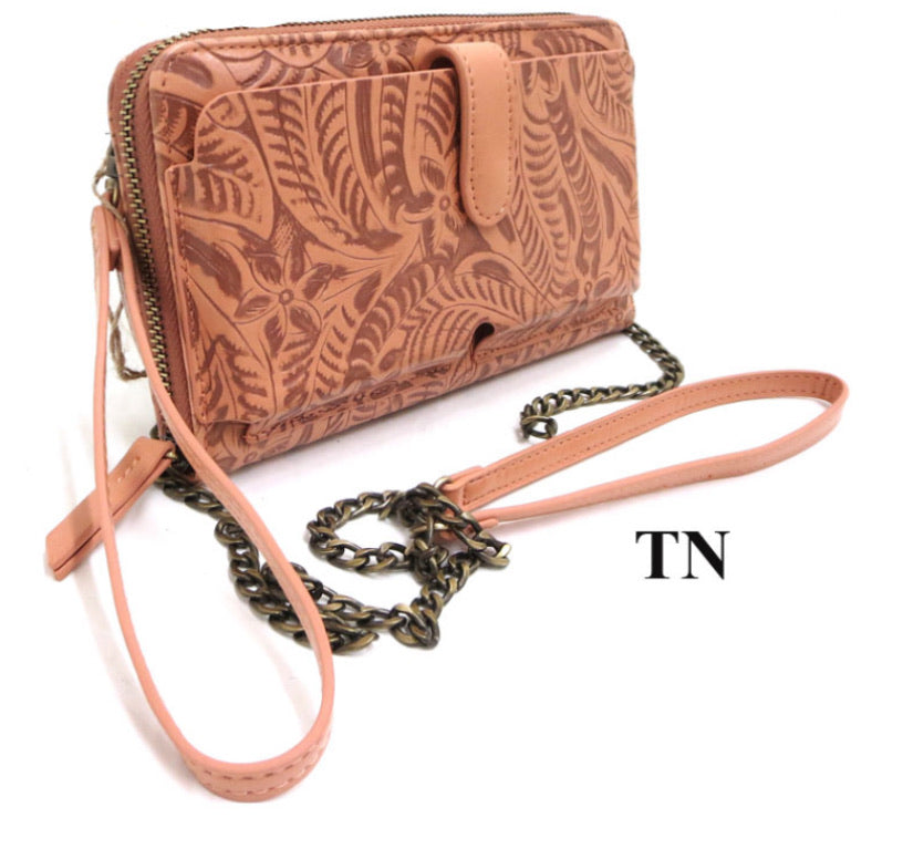 Tooled Leather Wristlet or Crossbody Wallet with Cellphone Pocket and Chain Strap