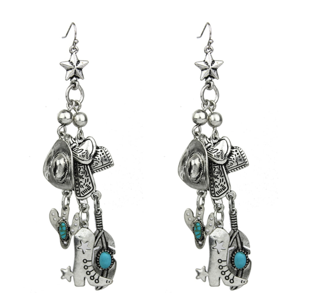 Burnished Silver “Cowboy” Dangle Earrings with Turquoise