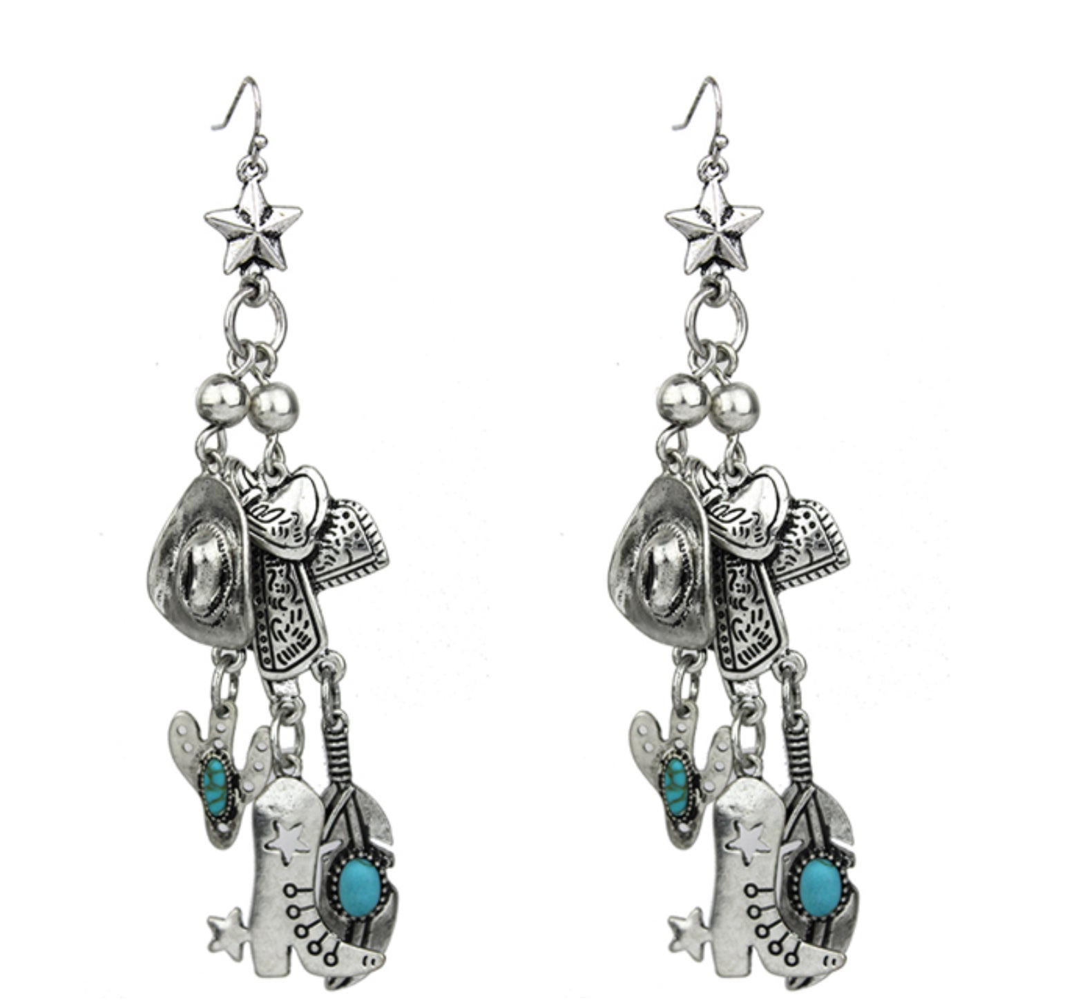 Burnished Silver “Cowboy” Dangle Earrings with Turquoise