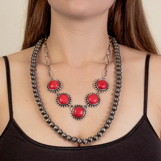 Navajo Bead Squash Blossom Layered Necklace with Matching Earrings
