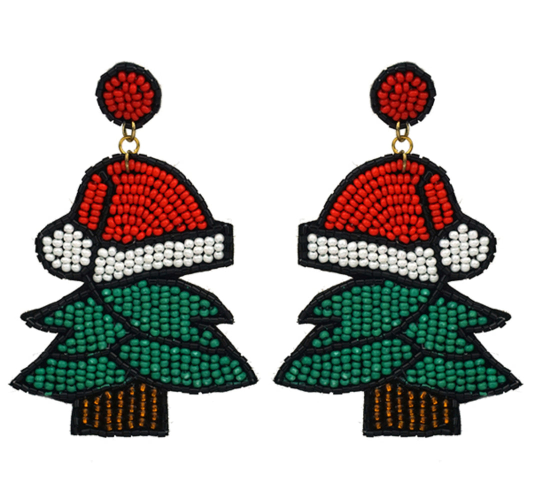 Beaded Santa Hat Christmas Tree Dangle Earrings