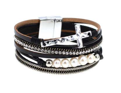 Leather Layered Cross Magnetic Bracelet