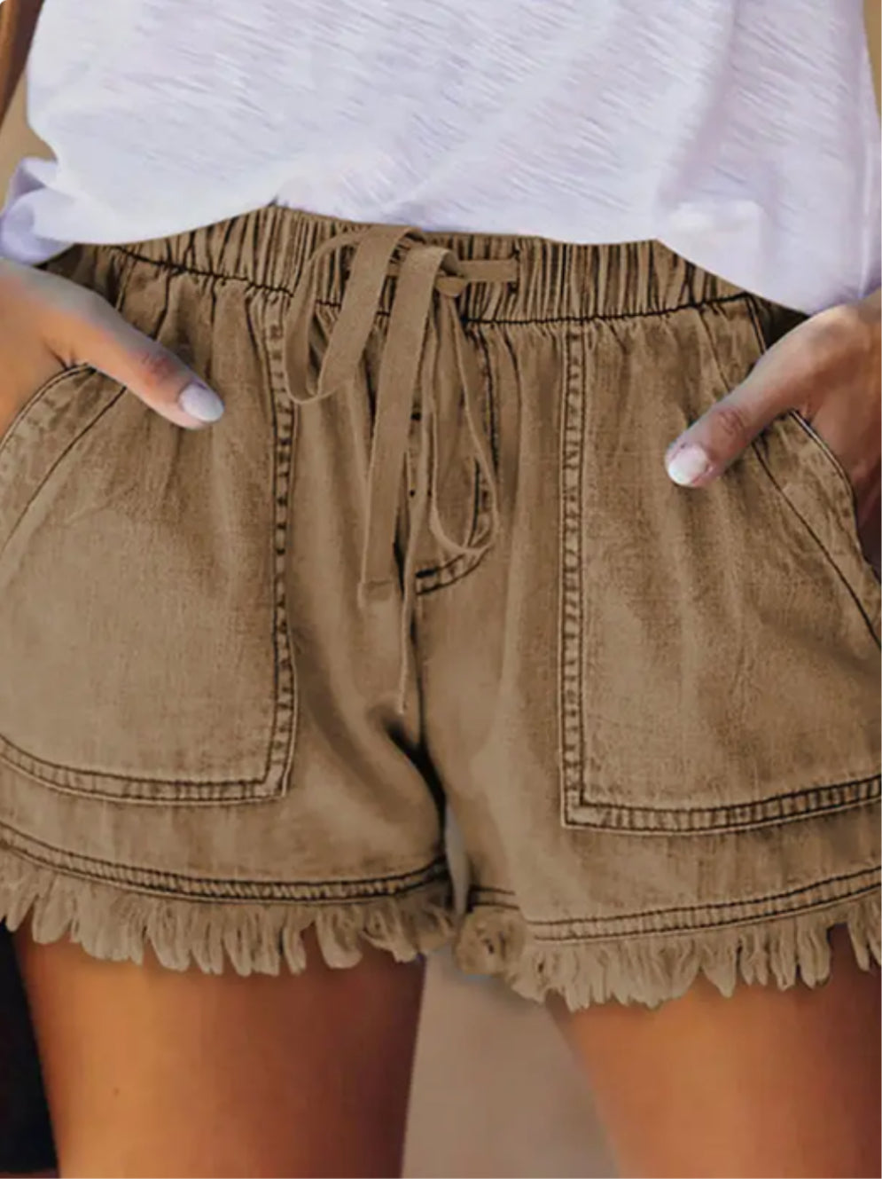 Casual Drawstring High Waisted Denim Fringed Shorts