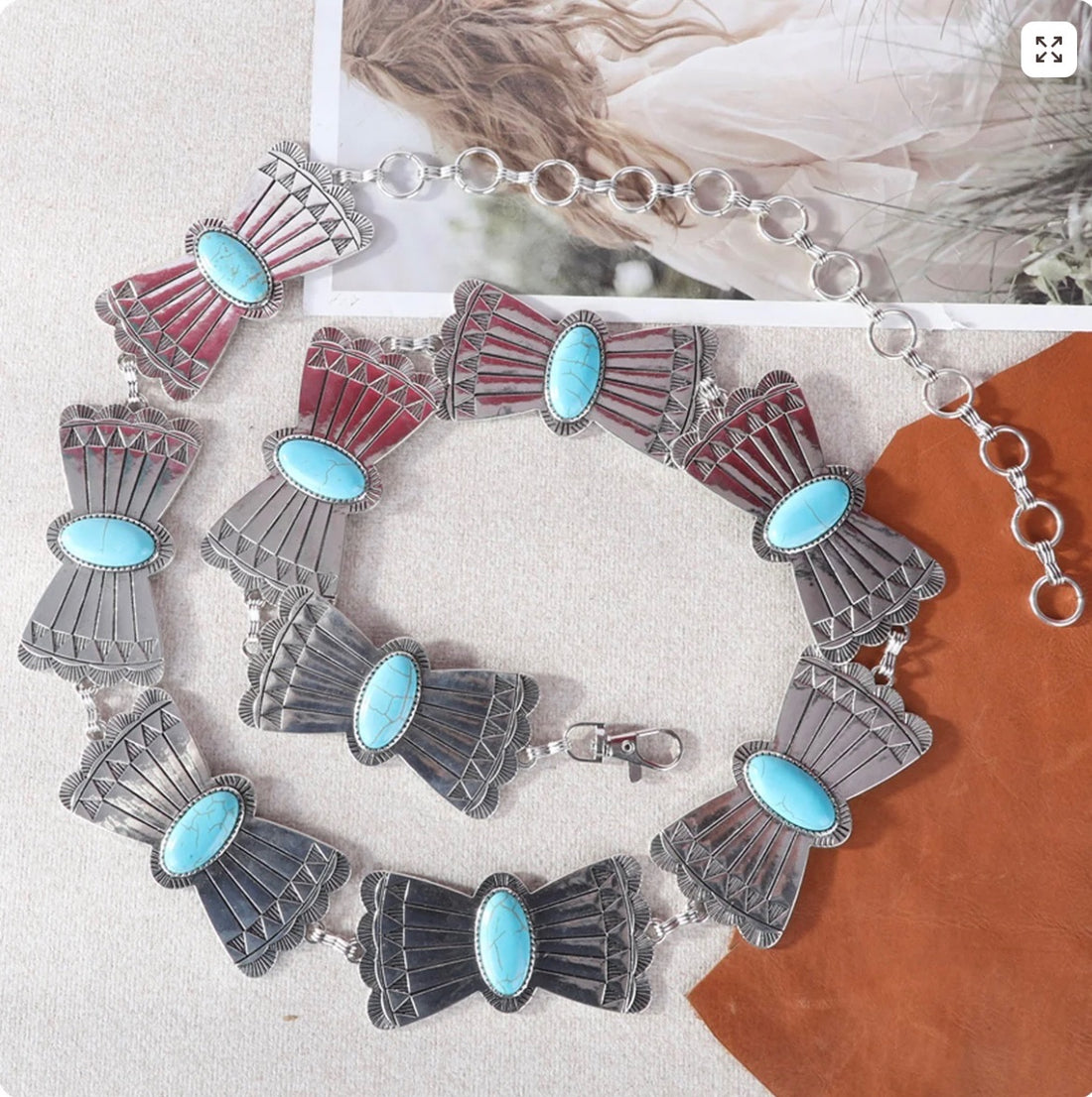 Rustic Couture Copper Mariposa Concho Link Belt with Turquoise Inlays